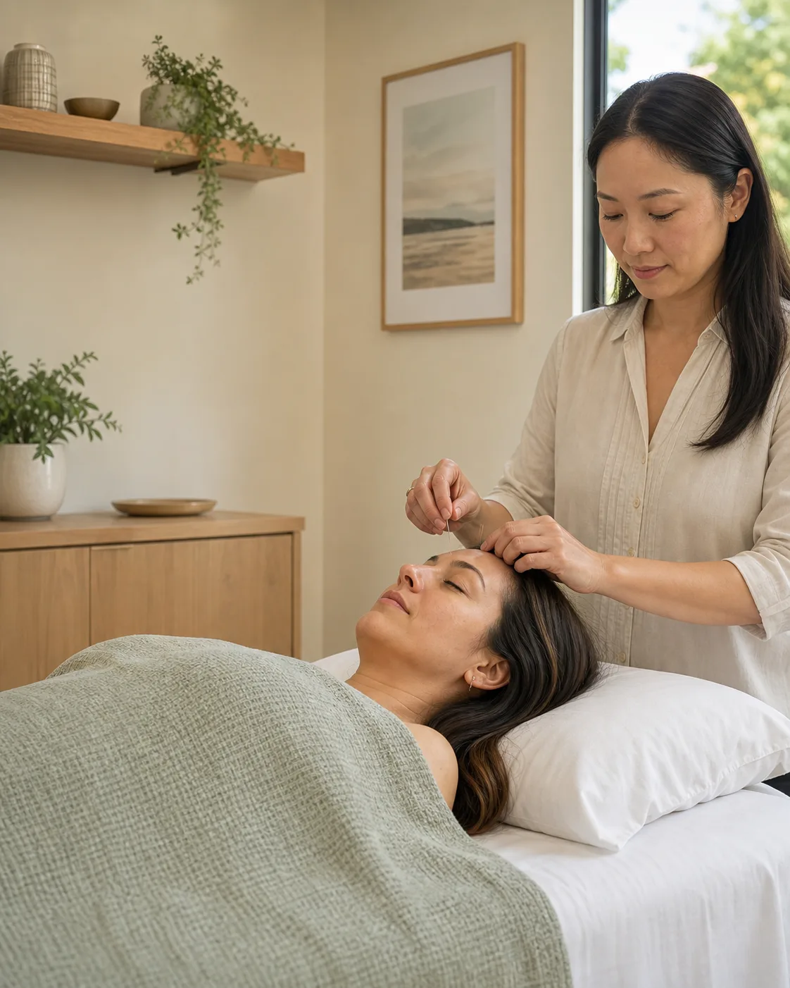 Patient receiving care in a bright and comfortable acupuncture clinic.